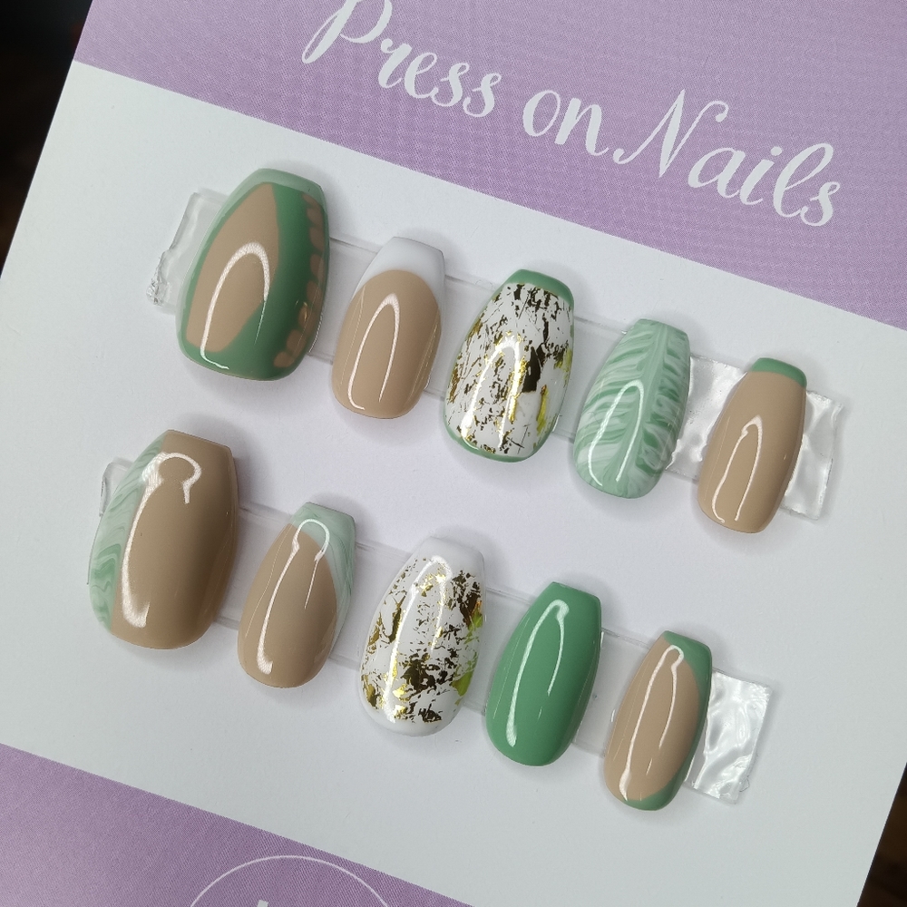 Green, tan, white, gold press on nails